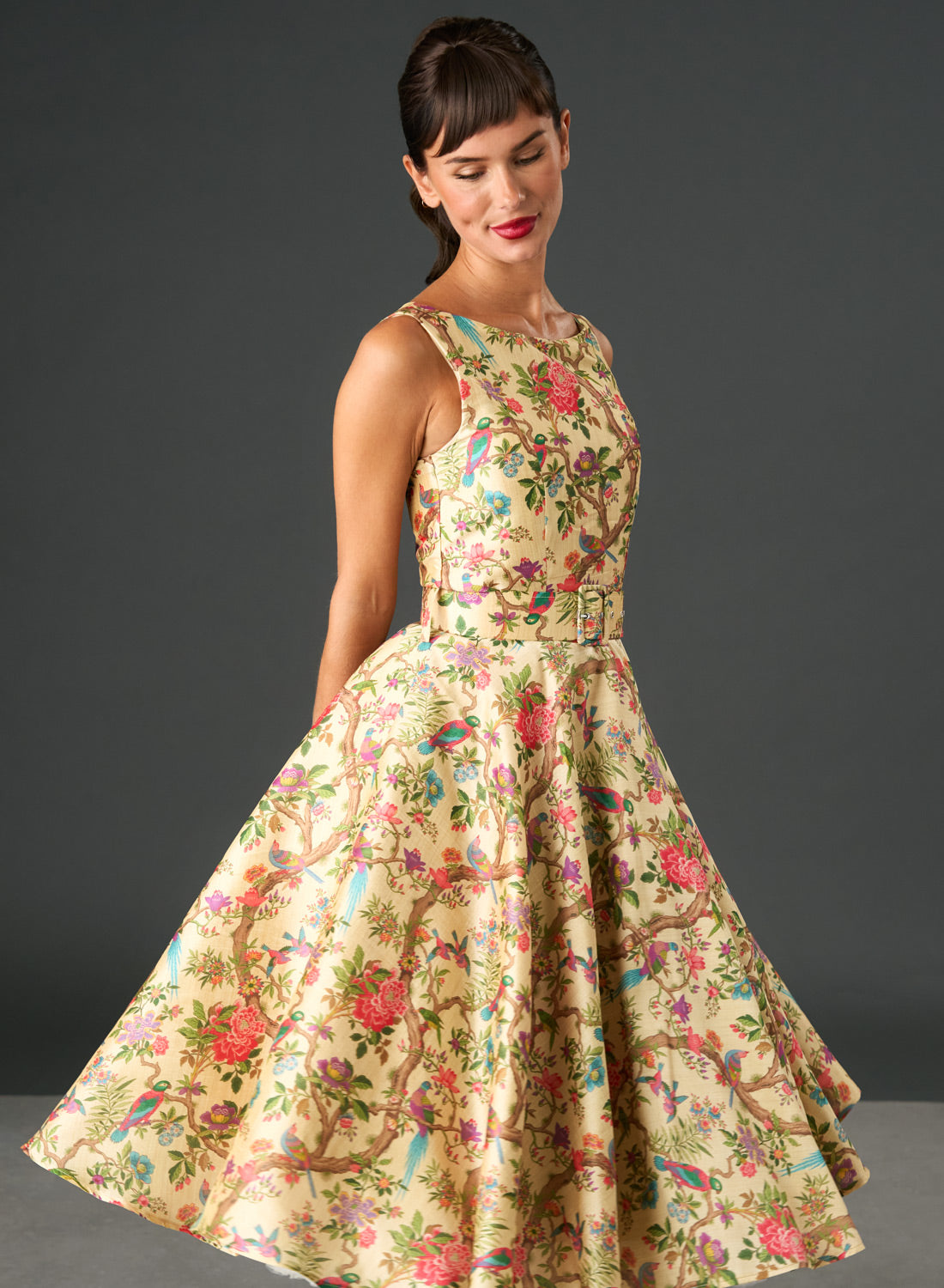 Audrey Silk Garden Bamboo Bird & Floral Print Midi Dress