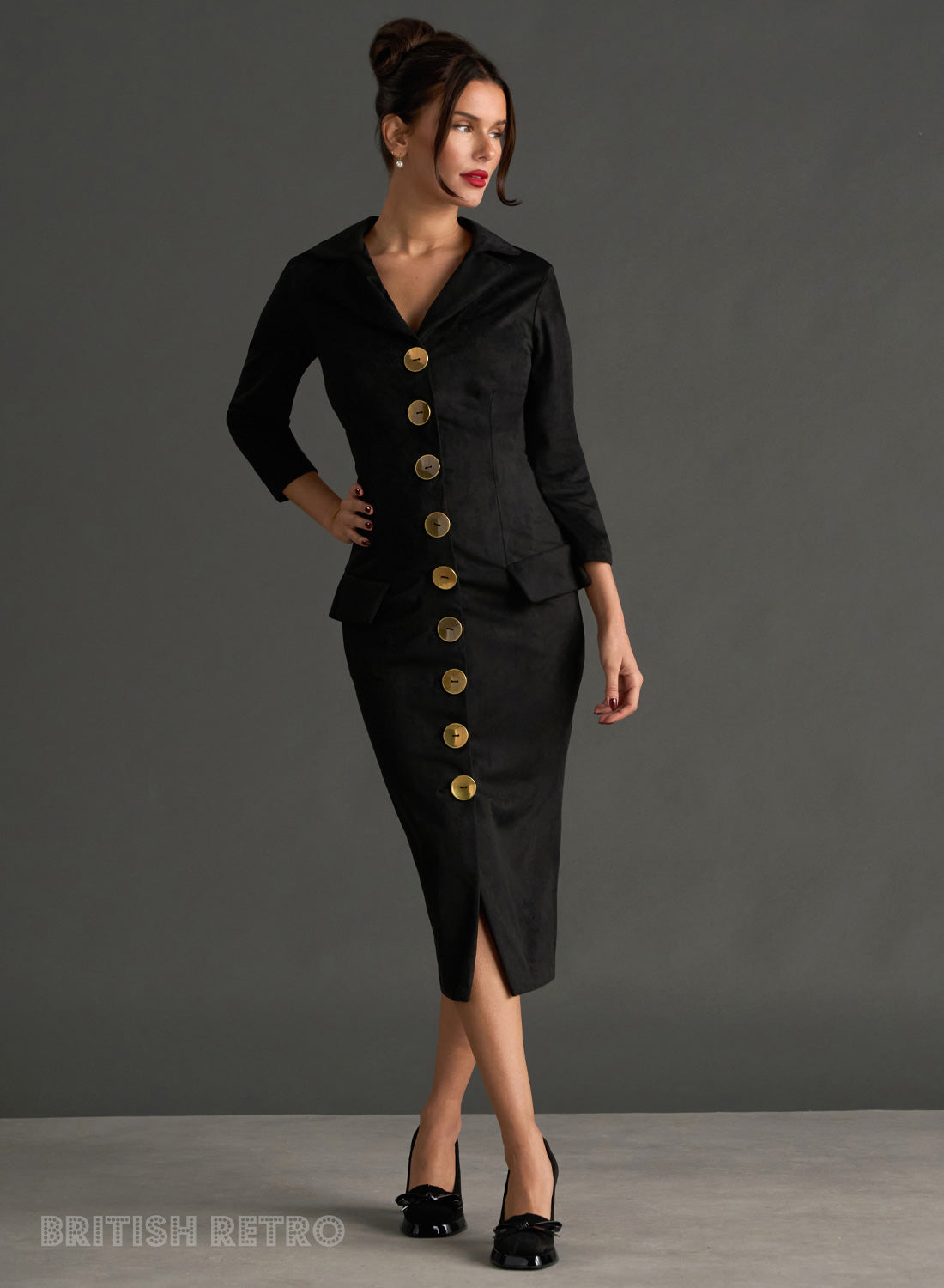 Miss Caswell Black Faux Suede 50s Style Pencil Dress