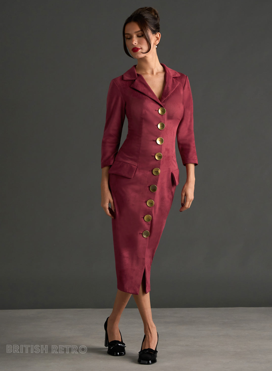 Miss Caswell Burgundy Faux Suede 50s Style Pencil Dress