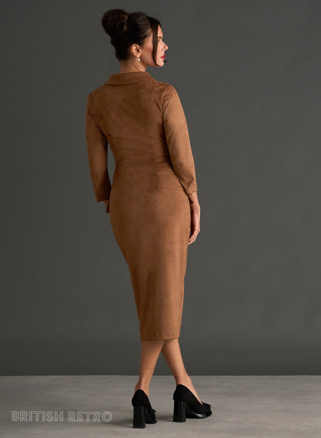 Miss Caswell Brown Faux Suede 50s Style Pencil Dress
