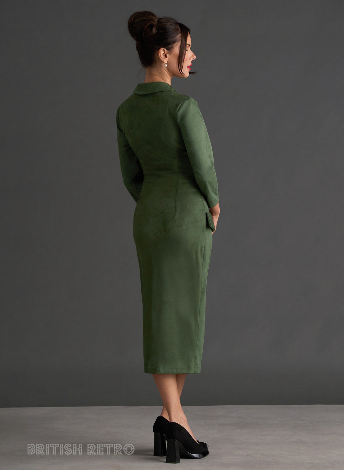 Miss Caswell Olive Faux Suede 50s Style Pencil Dress