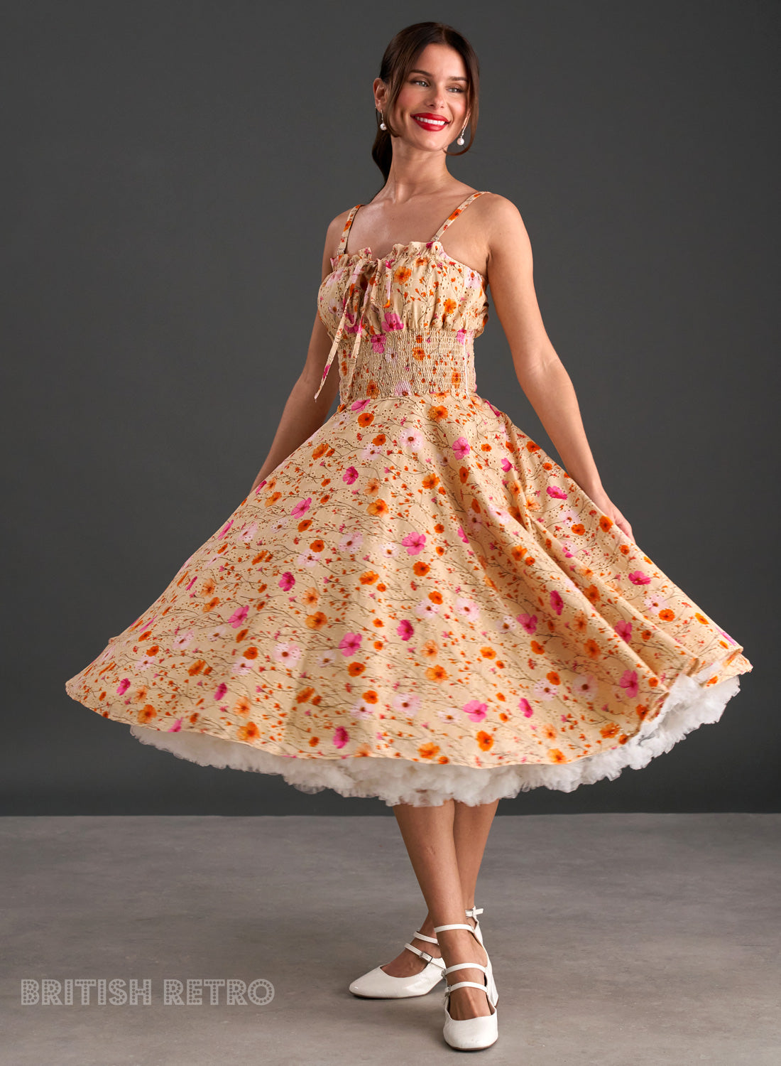 Everly Embroidered Butterscotch Floral 50s Style Dress