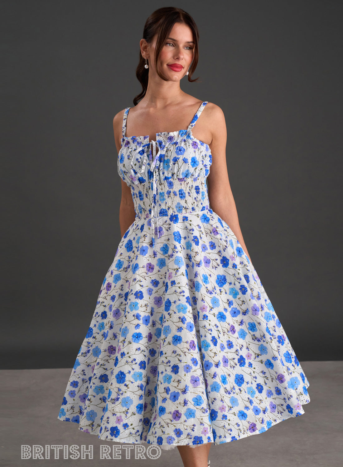 Everly Embroidered Blue Poppy 50s Style Dress