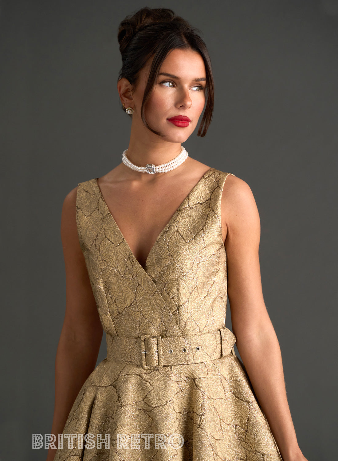 Grace Kelly Gold Art Deco Leaf Shimmer Party Dress