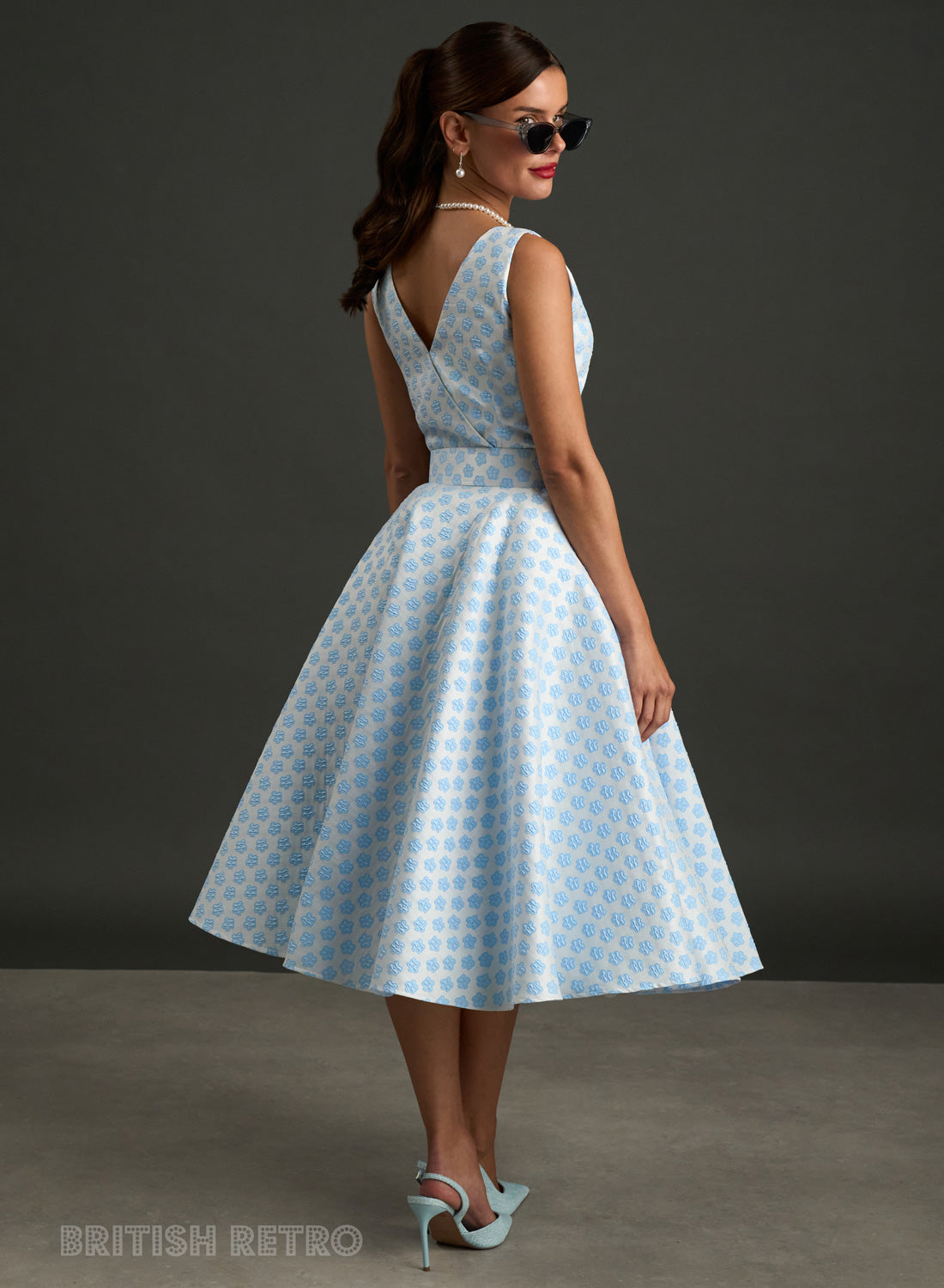 Grace Kelly Powder Blue Daisy  Brocade 1950s Style Dress