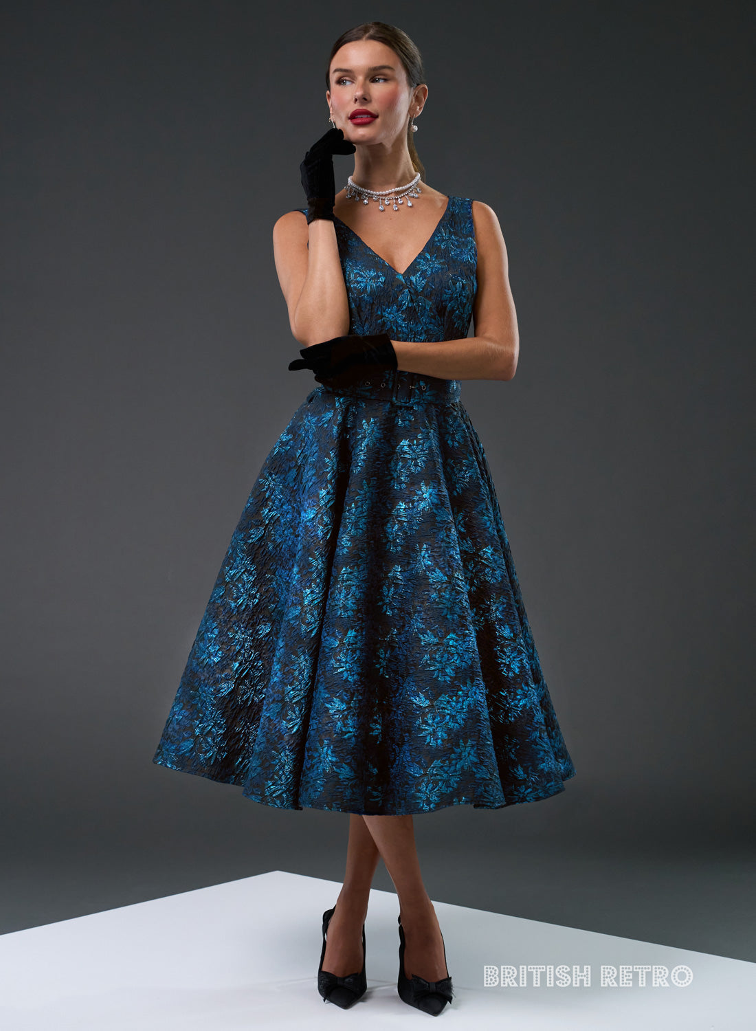 Grace Kelly Metallic Sapphire 50s Style Evening Dress