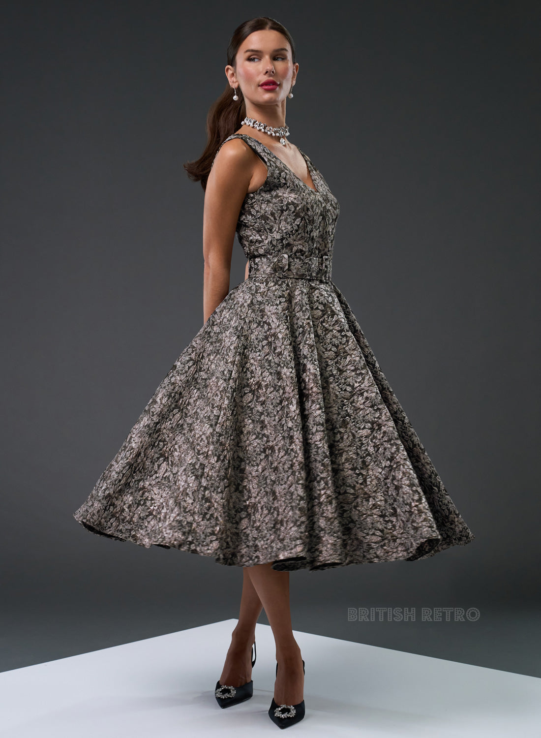 Grace Kelly Metallic Silver 50s Style Evening Dress