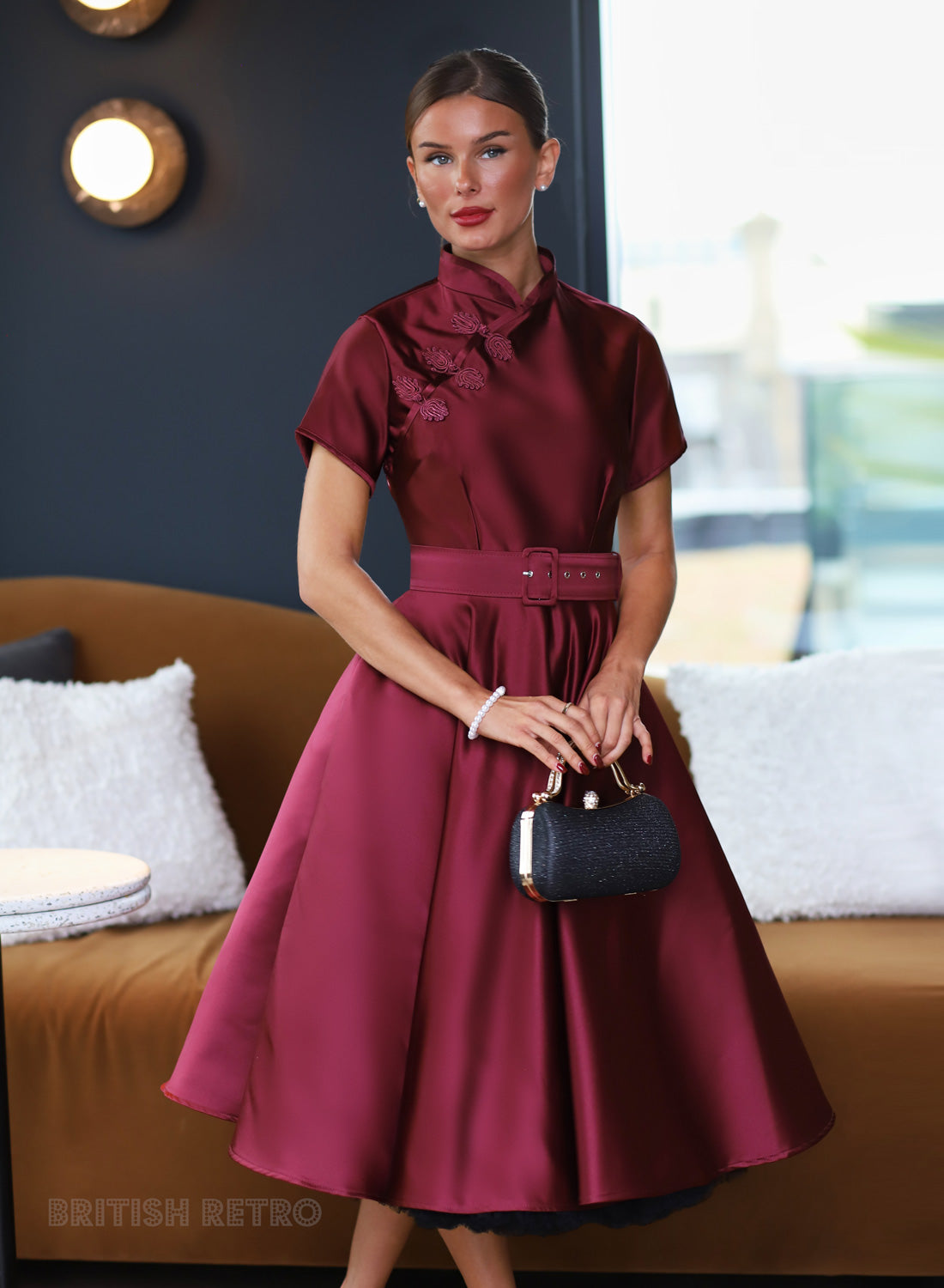 Jasmine Duchess Satin Wine 50s Style Evening Dress