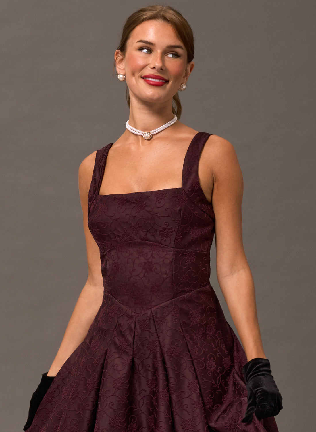 Antoinette Burgundy Vintage Midi Evening Dress