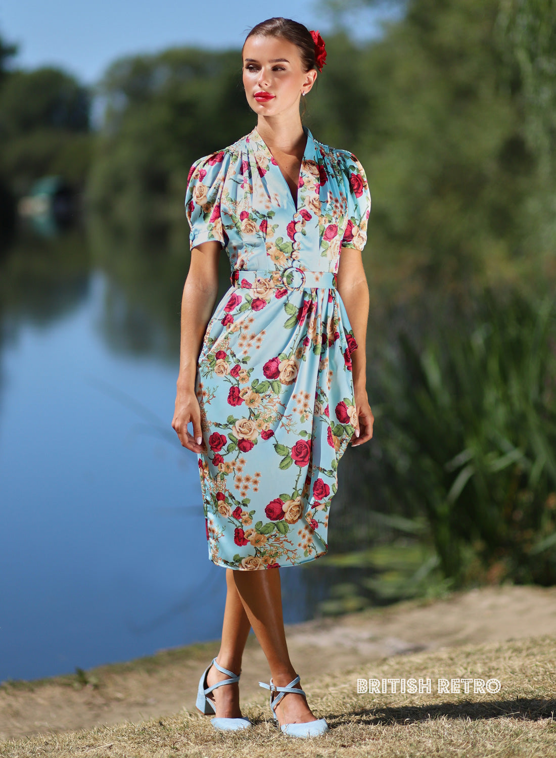 'Lolly' Silken Duck Egg Blue Rose Sarong 50s Pencil Dress