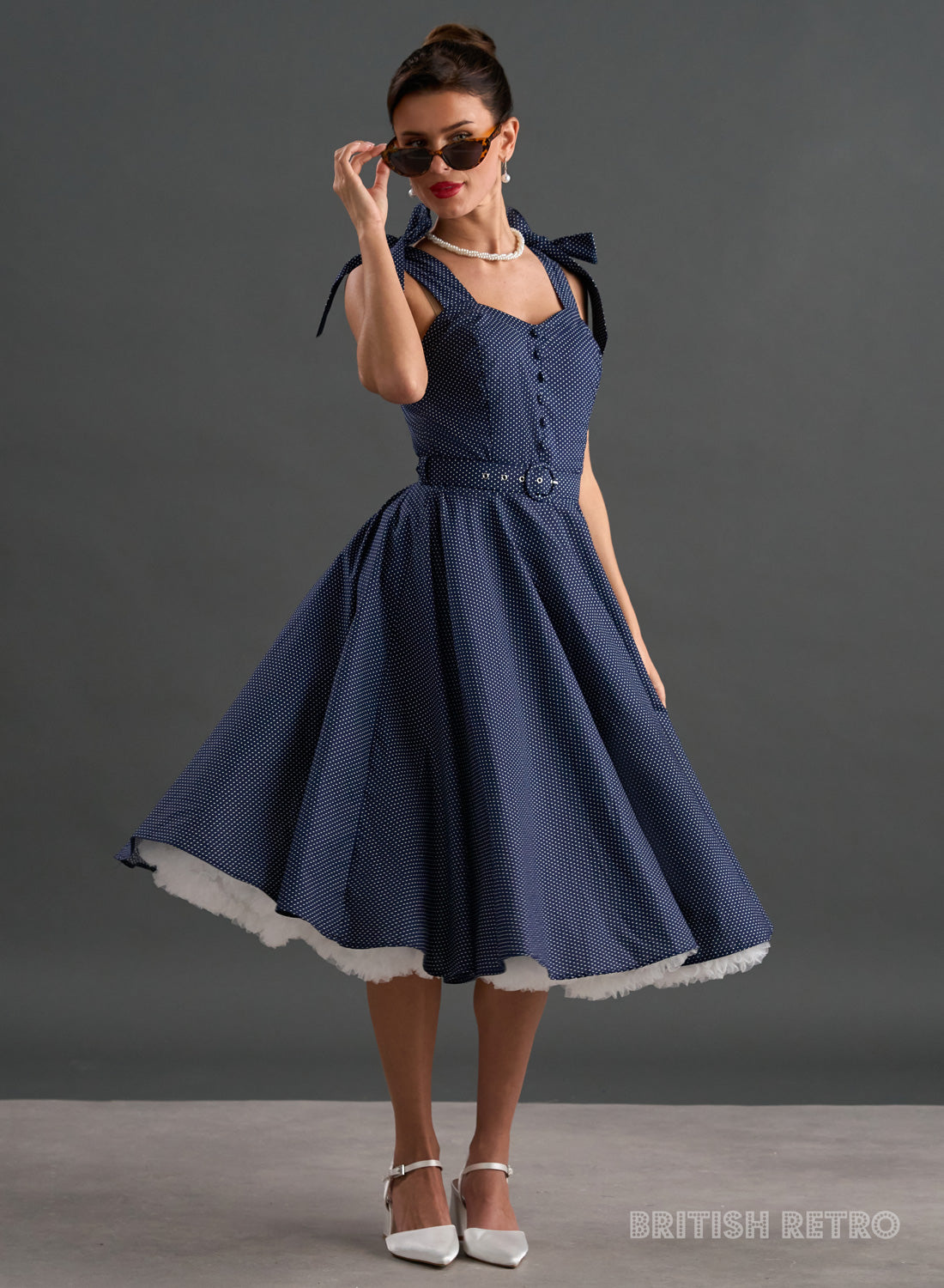'Suzy Q' Navy Polka Dot 50s Full Circle Dress