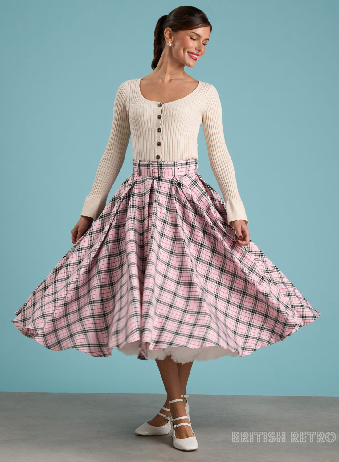 'Wanda' Pleated Baby Pink Check 50s Style Skirt