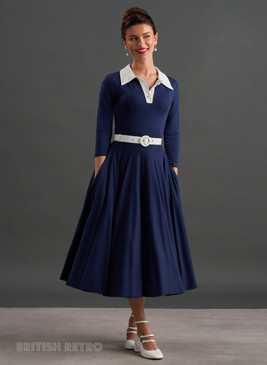 Bibi Skin Soft Navy Contrast Collar 50s Inspired Dress