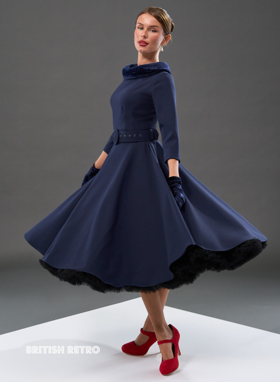 Montclair Navy Faux Fur Collar 50s Swing Dress