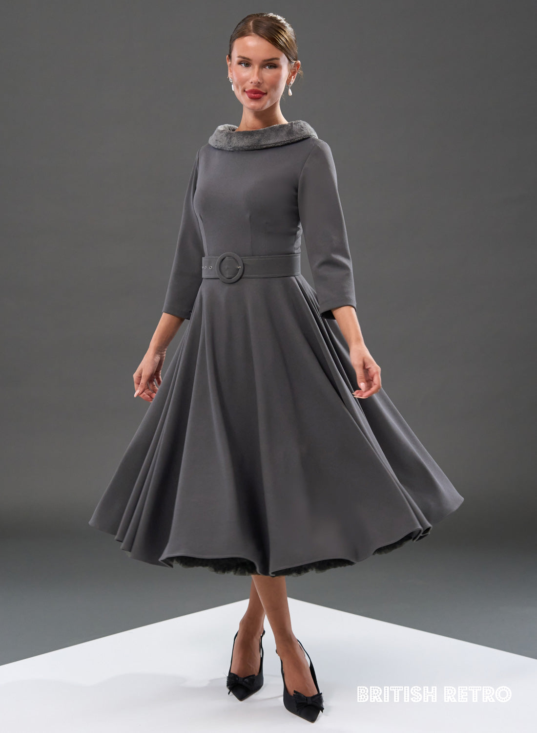 Montclair Smoke Faux Fur Collar 50s Swing Dress