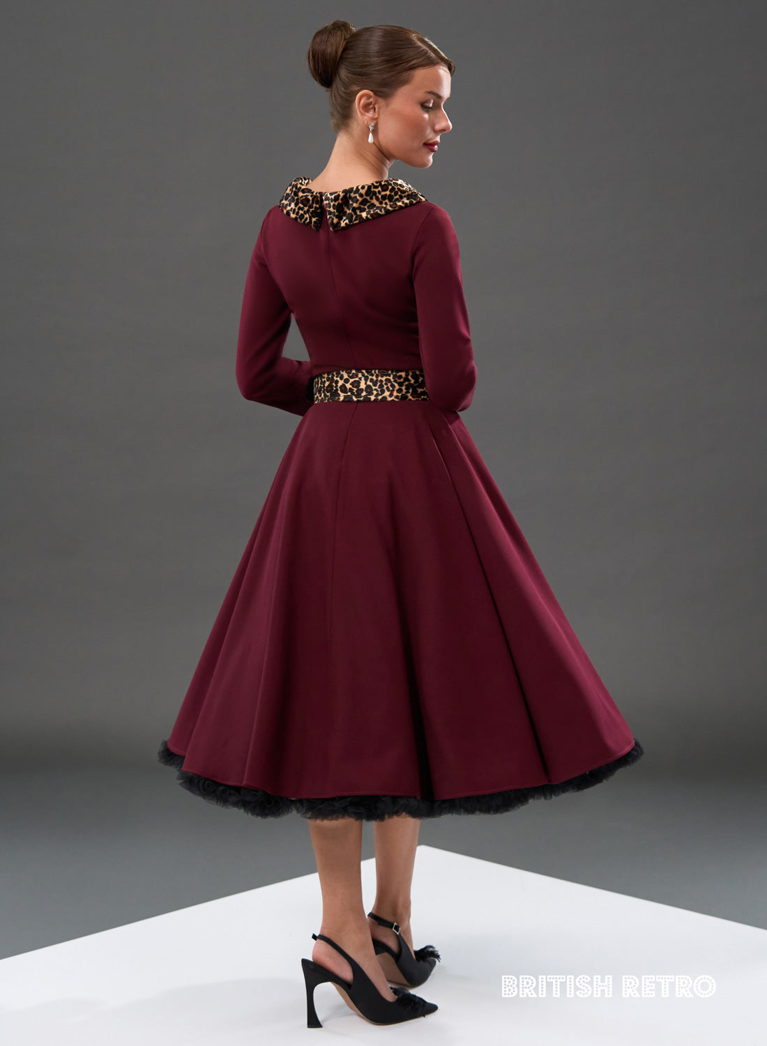 Montclair Wine Leopard Faux Fur Collar 50s Swing Dress