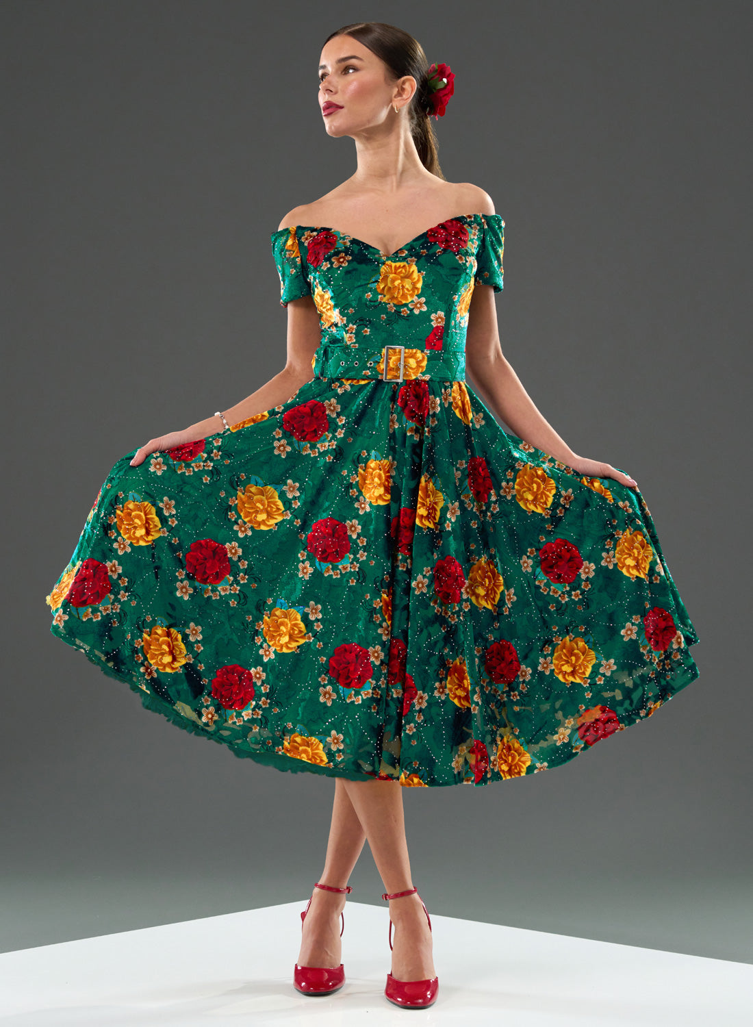 Dee Dee Embellished Emerald Rose Fit & Flare Dress | Women’s Tea Dress