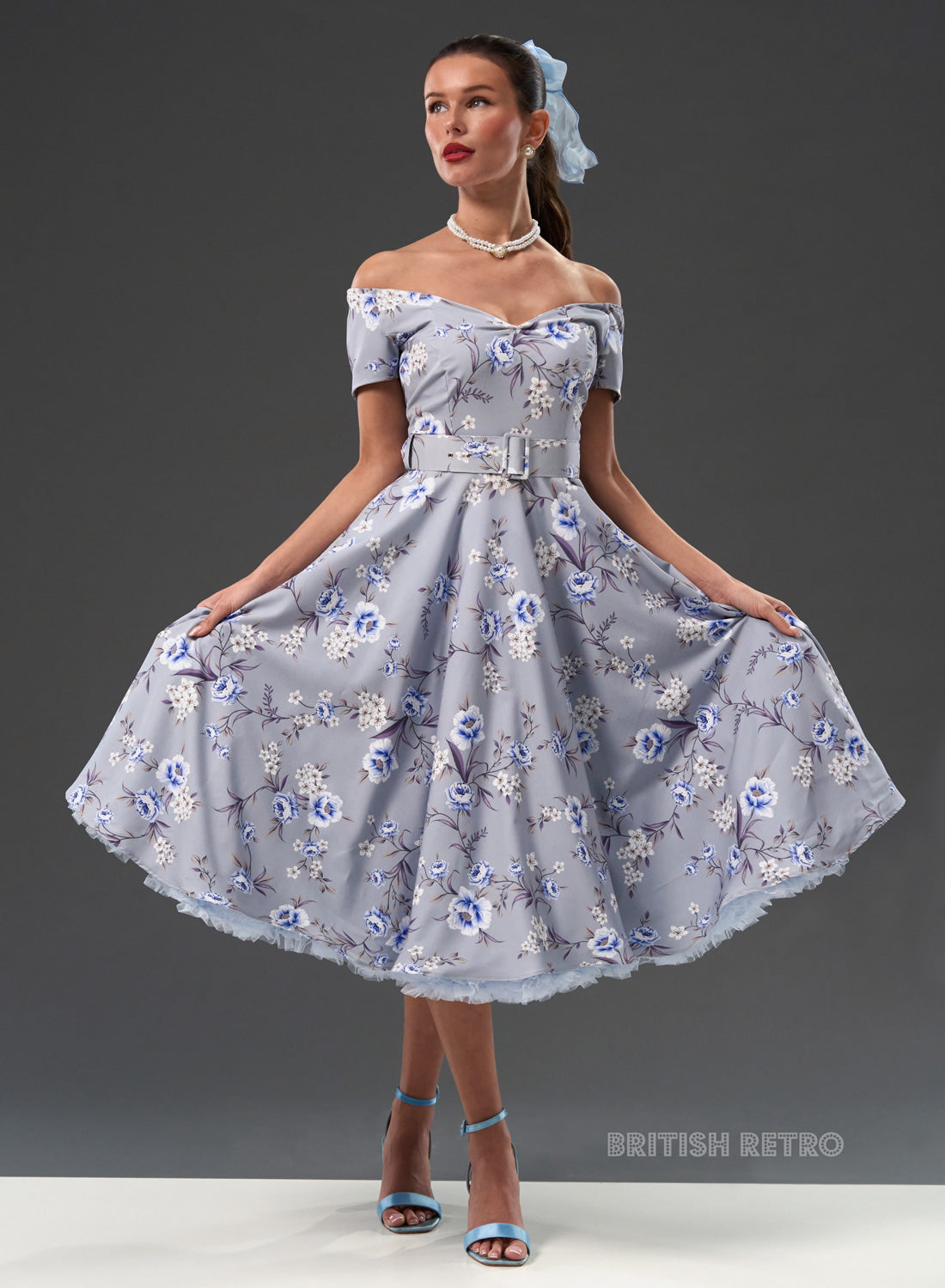 'Dee Dee' Vintage Meadow Slate 50s Style Swing Dress