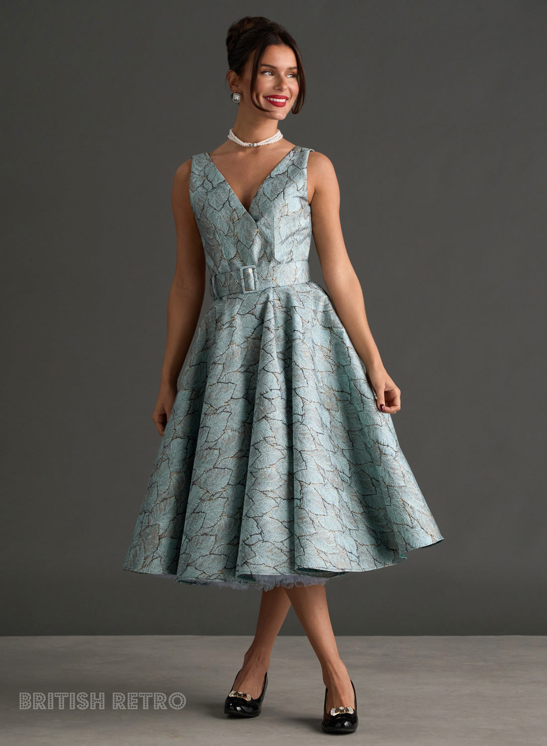 Grace Kelly Moonlit Blue Art Deco Leaf Shimmer Party Dress
