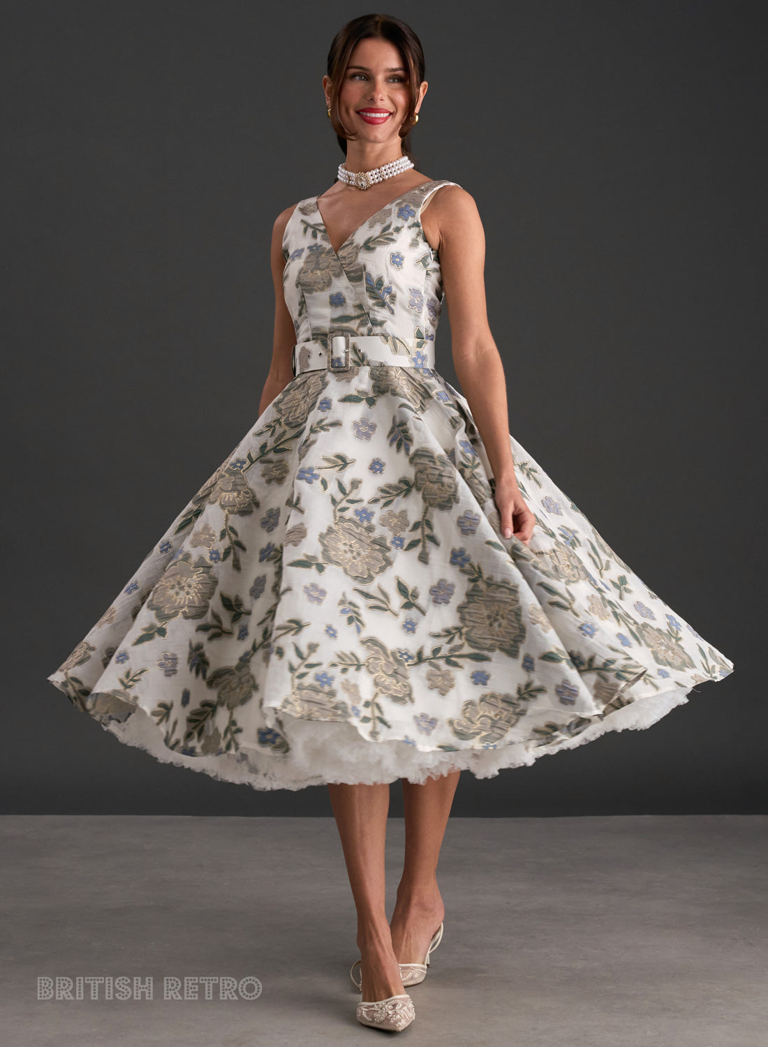 Grace Kelly Pine Mist Embroidered 1950s Swing Dress