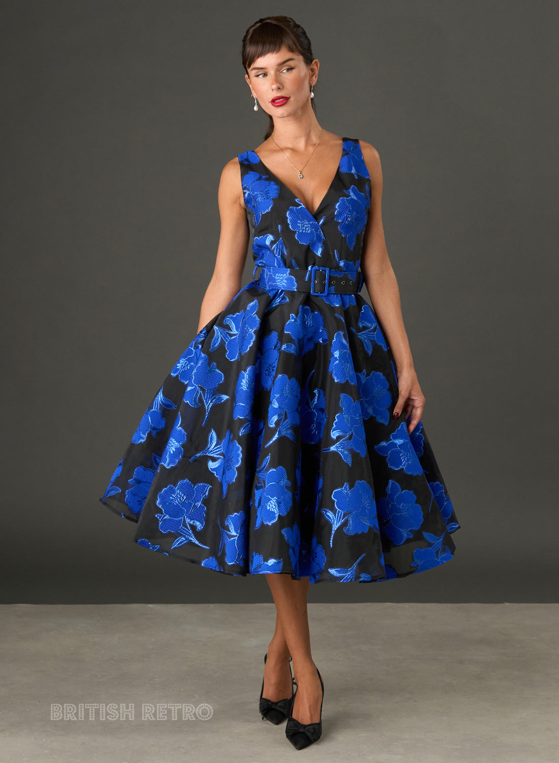New AW26! Grace Kelly Shimmering Blue Rose Embroidered 1950s Dress