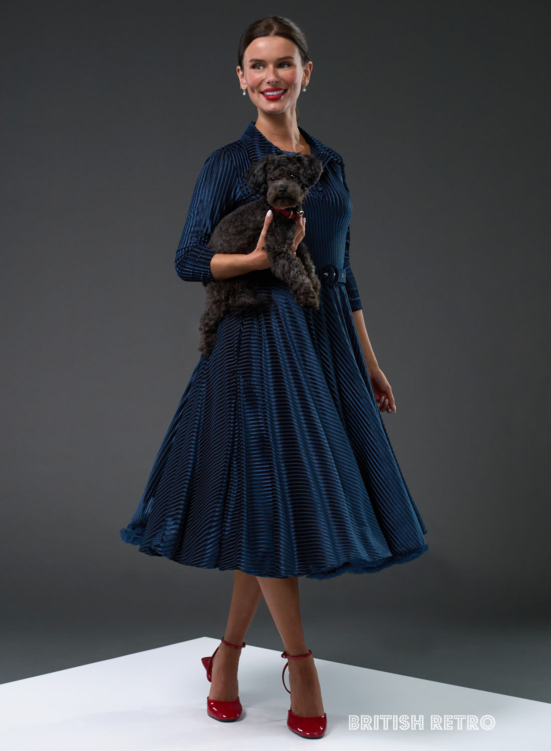 Bibi Ribbed Navy Sateen 50s Style Full Circle Dress