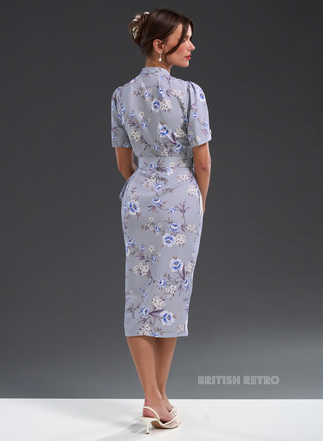 'Lolly' Meadow Blue Floral Sarong 50s Pencil Dress