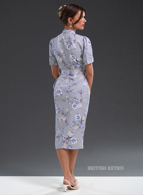 'Lolly' Meadow Blue Floral Sarong 50s Pencil Dress