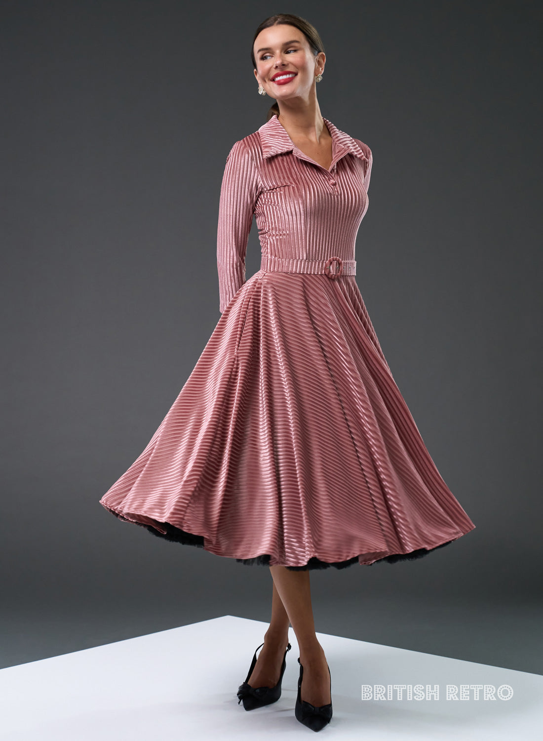 Bibi Ribbed Pink Sateen 50s Style Full Circle Dress