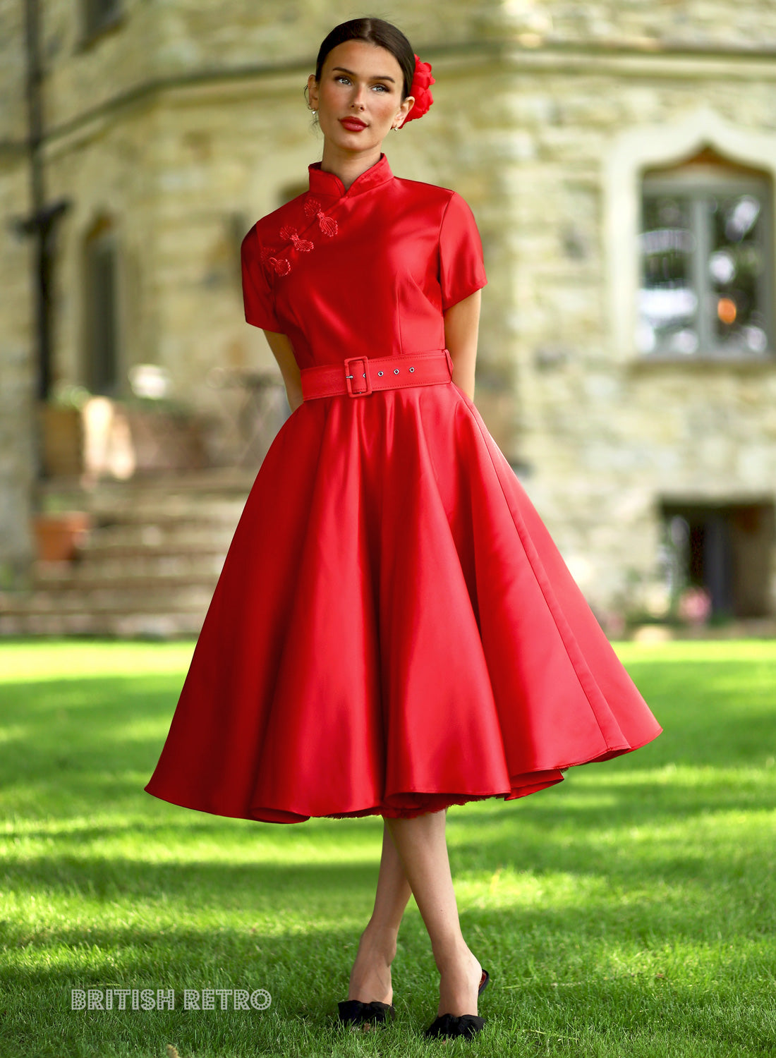 Jasmine Red Satin Midi Dress | Vintage Inspired Evening Dress