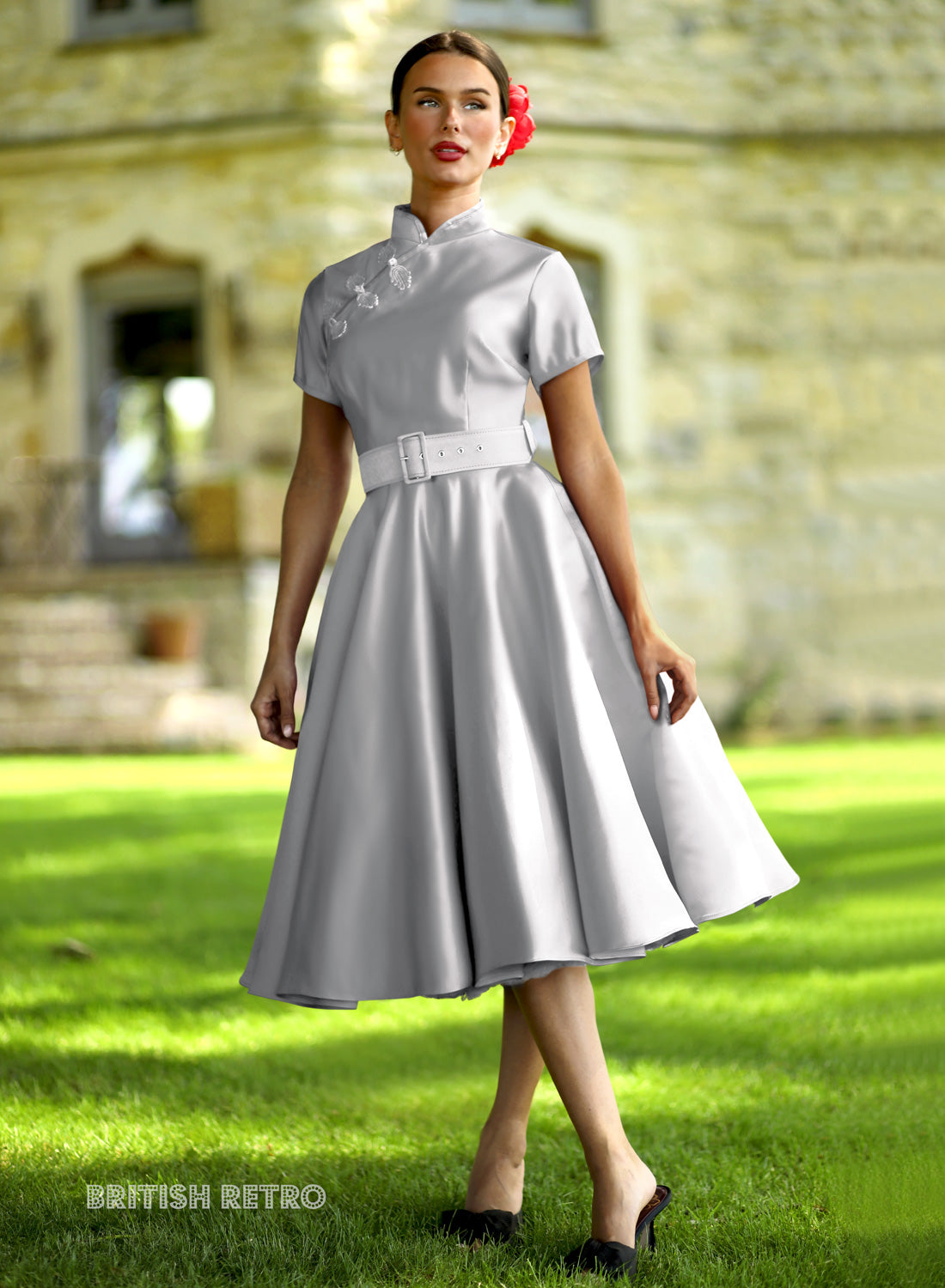 Jasmine Duchess Satin Silver 50s Style Evening Dress