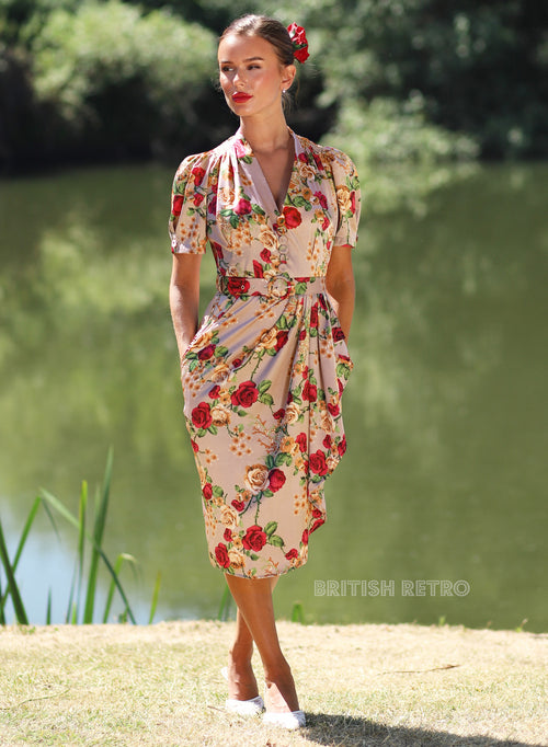 'Lolly' Silken Taupe Rose Sarong 50s Pencil Dress