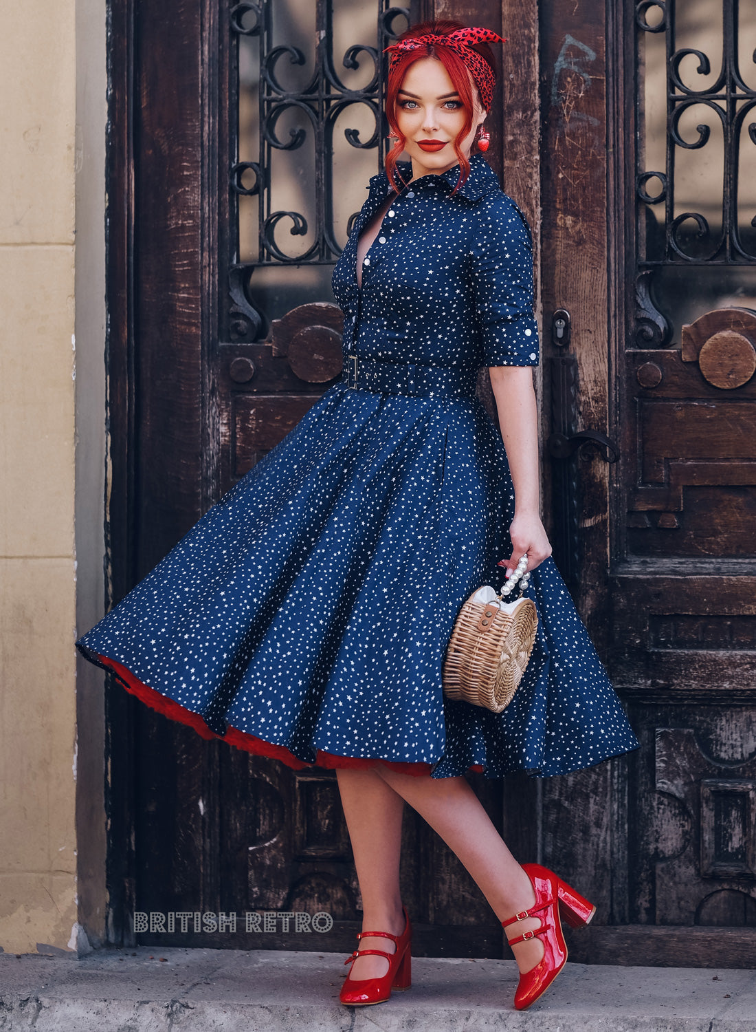 'Way Out West' Retro Starlets Navy 50s Style Swing Dress