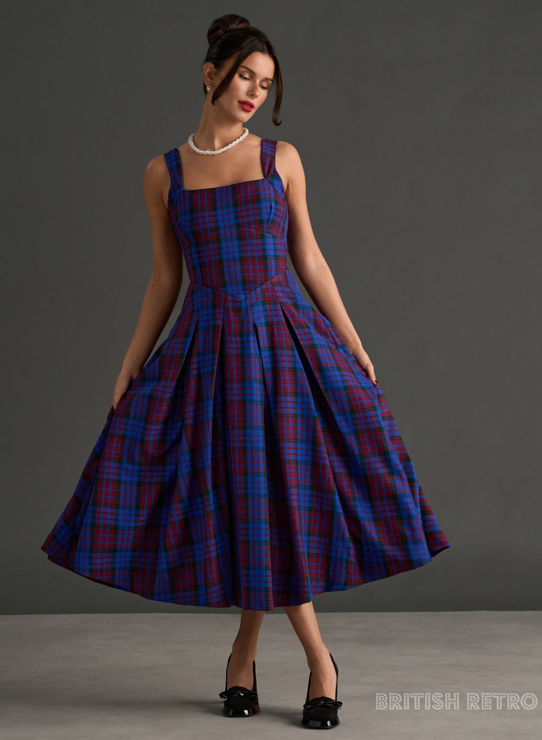 Antoinette Mulberry Tartan Vintage Midi Evening Dress