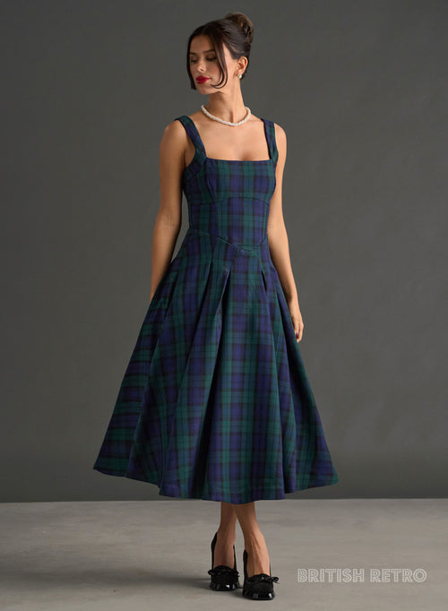 Black Watch tartan midi dress by British Retro, an elegant cocktail and winter party dress