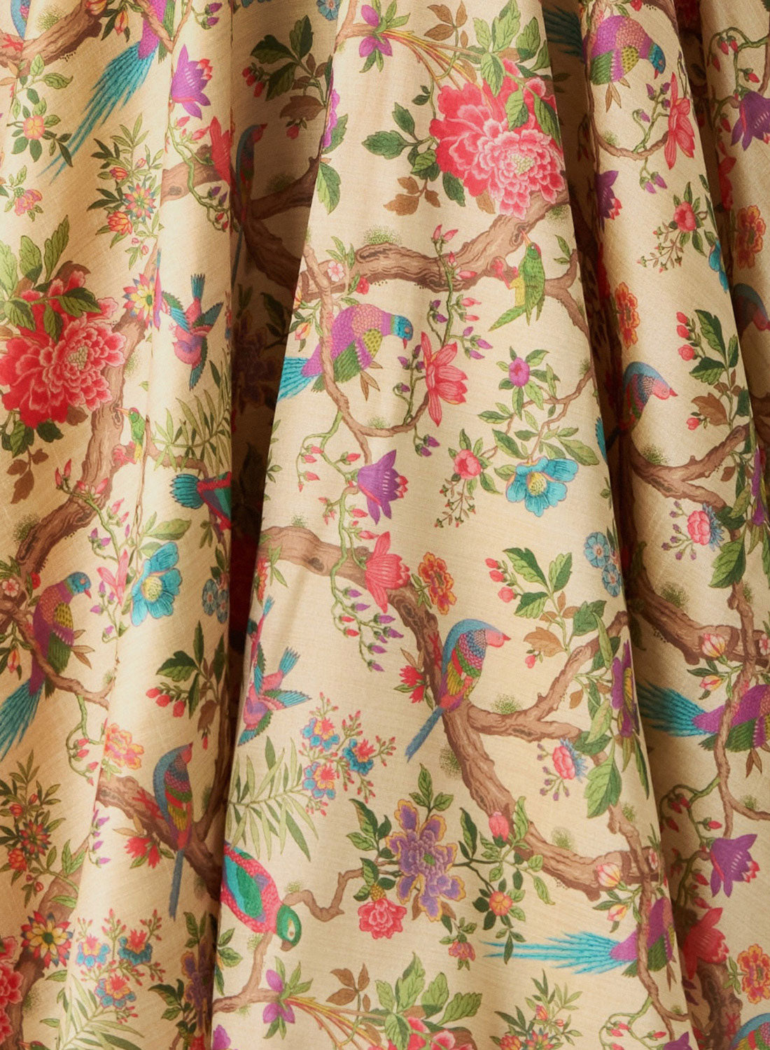 Audrey Silk Garden Bamboo Bird & Floral Print Midi Dress
