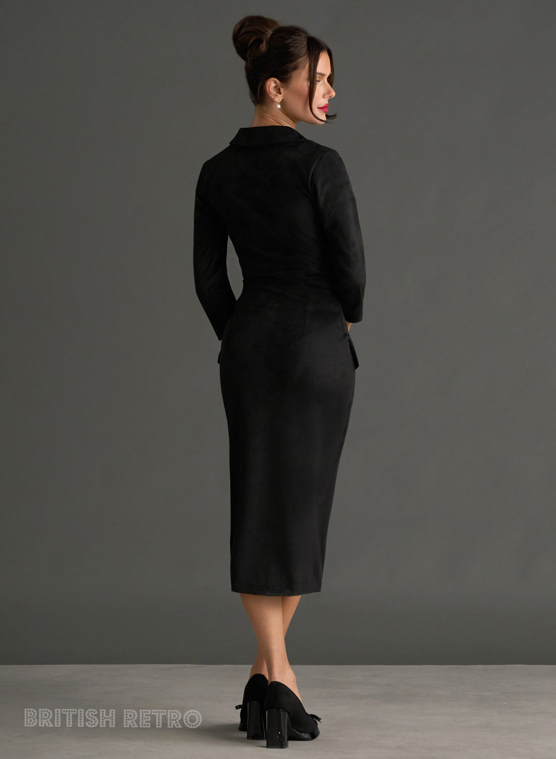 Miss Caswell Black Faux Suede 50s Style Pencil Dress