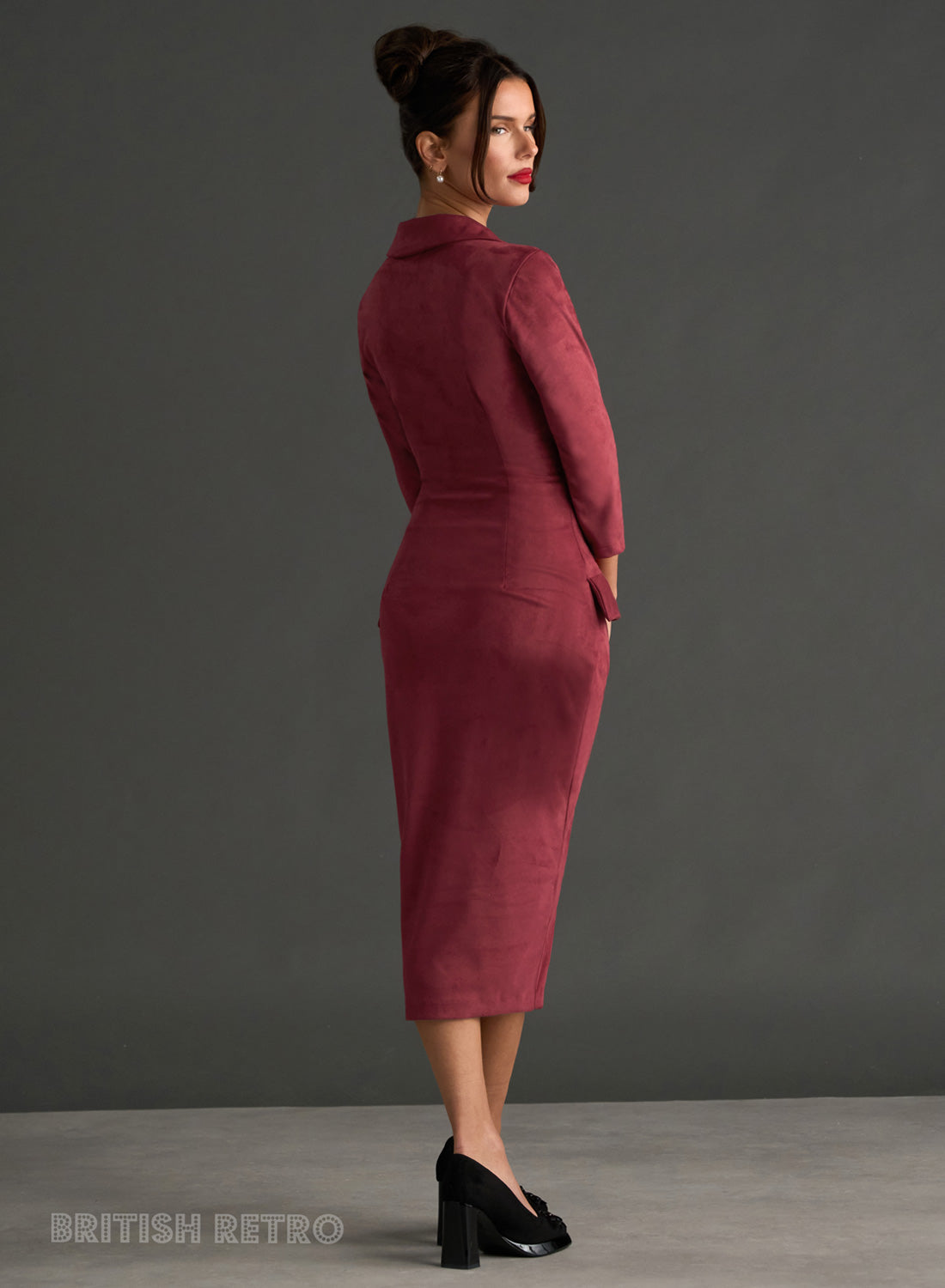 Miss Caswell Burgundy Faux Suede 50s Style Pencil Dress