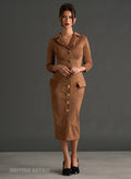 Miss Caswell Brown Faux Suede 50s Style Pencil Dress