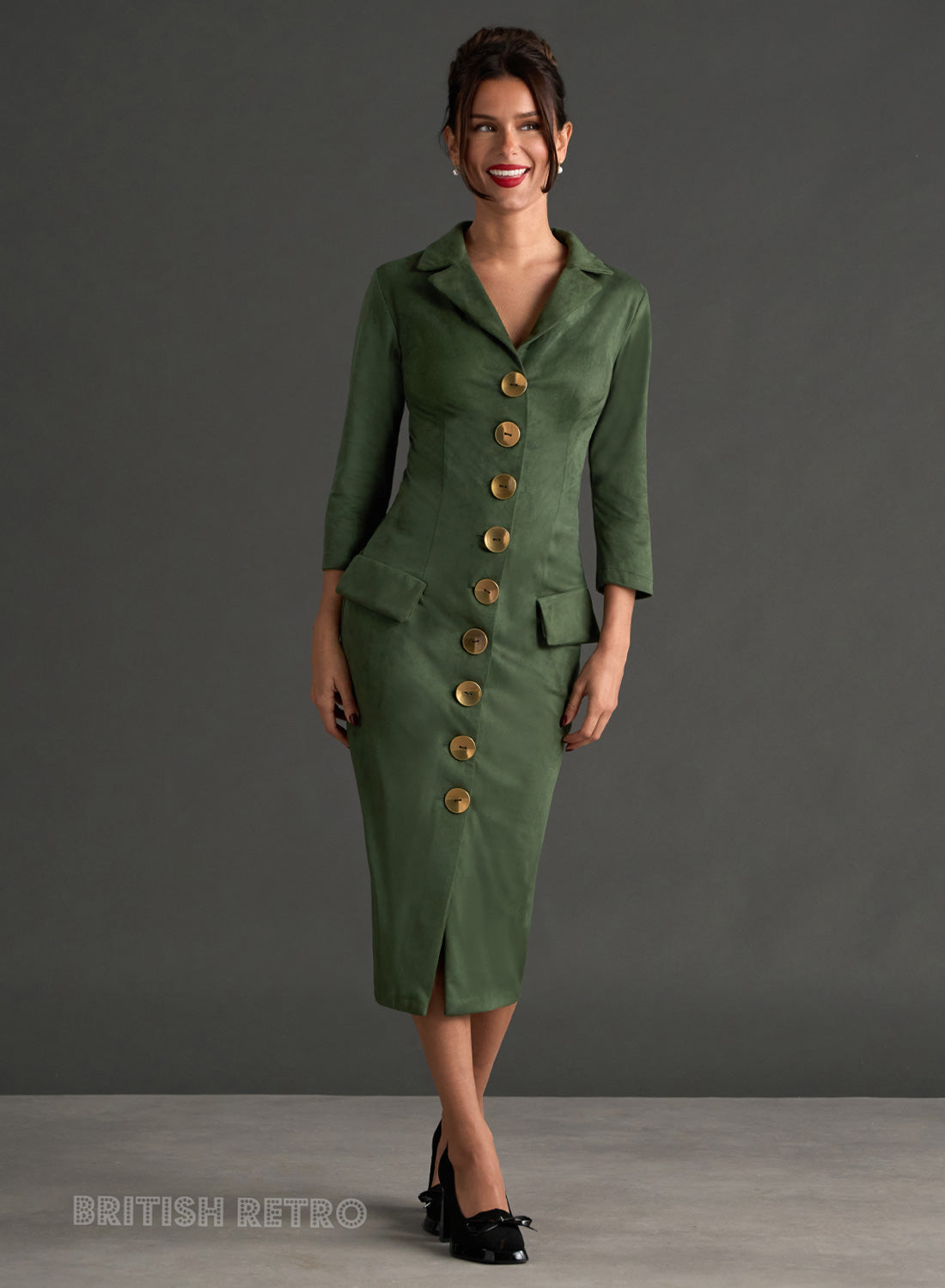 Miss Caswell Olive Faux Suede 50s Style Pencil Dress