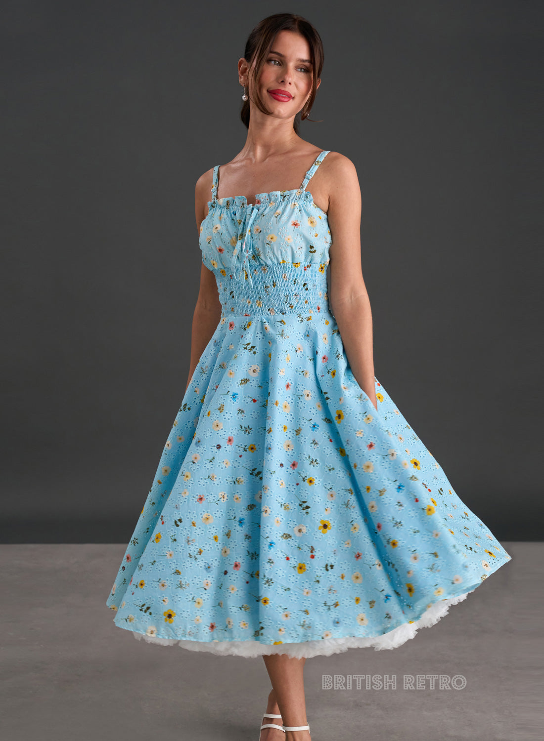Everly Embroidered Baby Blue Floral 50s Style Dress
