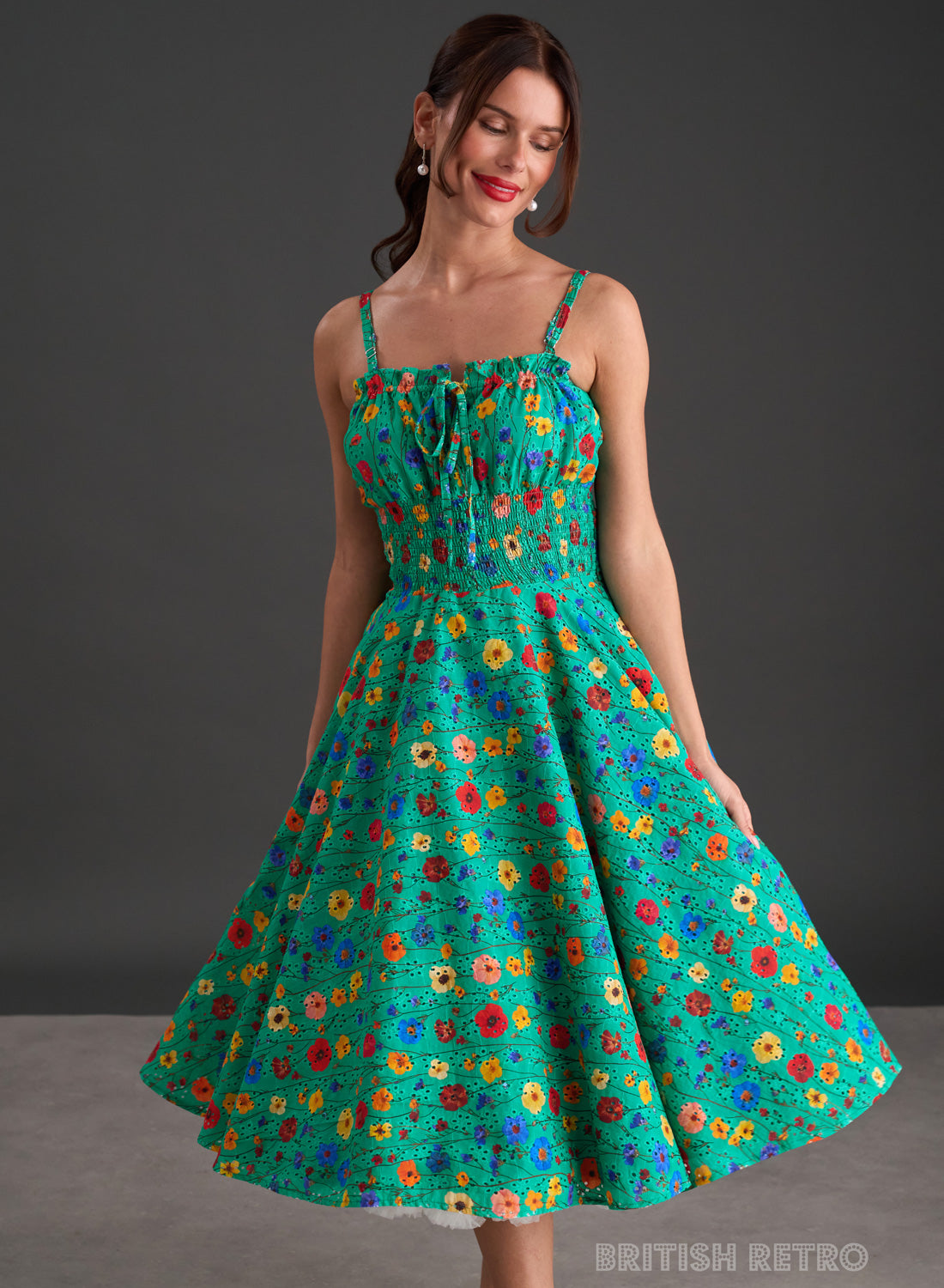 Everly Embroidered Emerald Floral 50s Style Dress