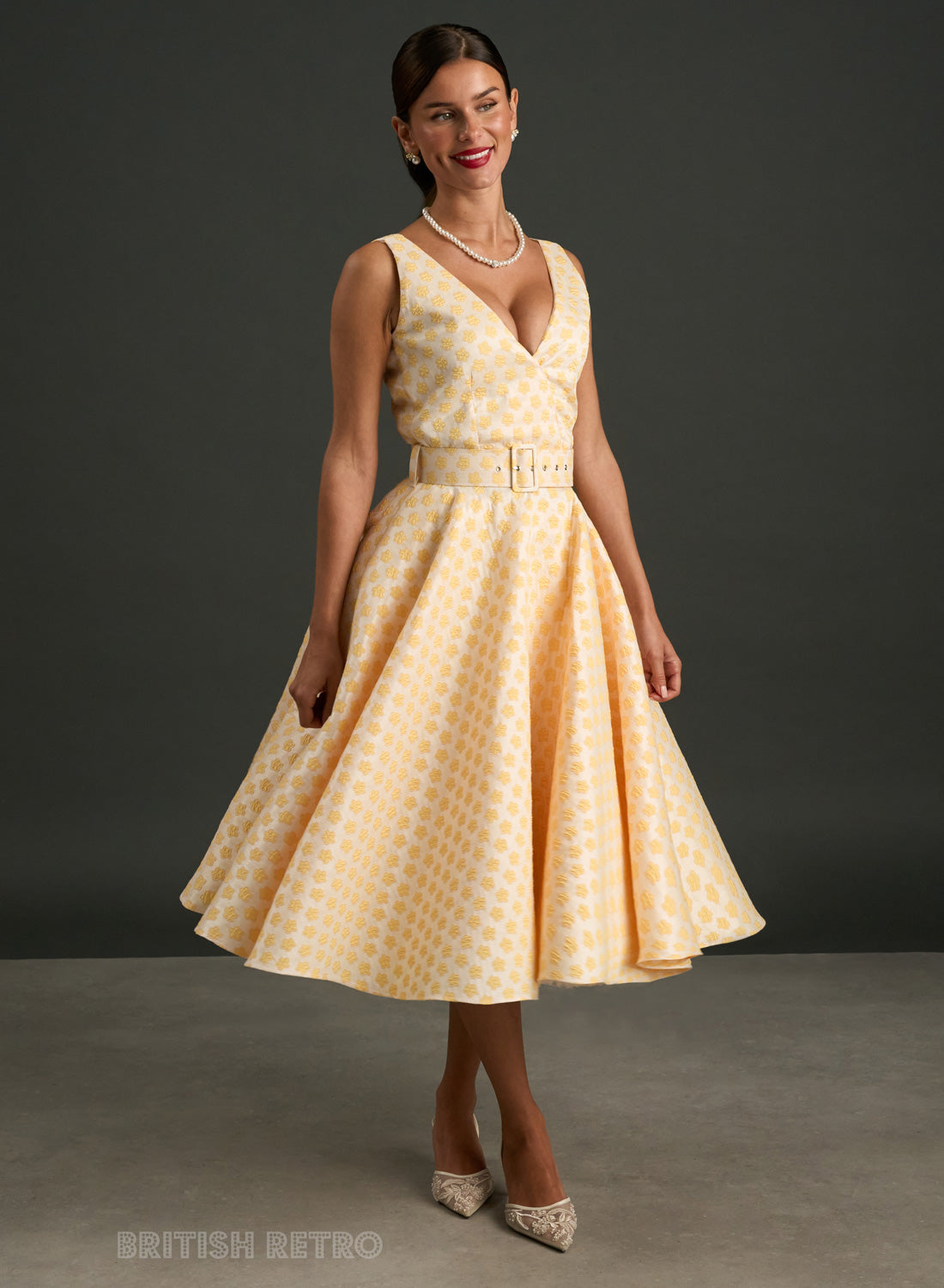 Grace Kelly Lemon Daisy Brocade 1950s Style Dress