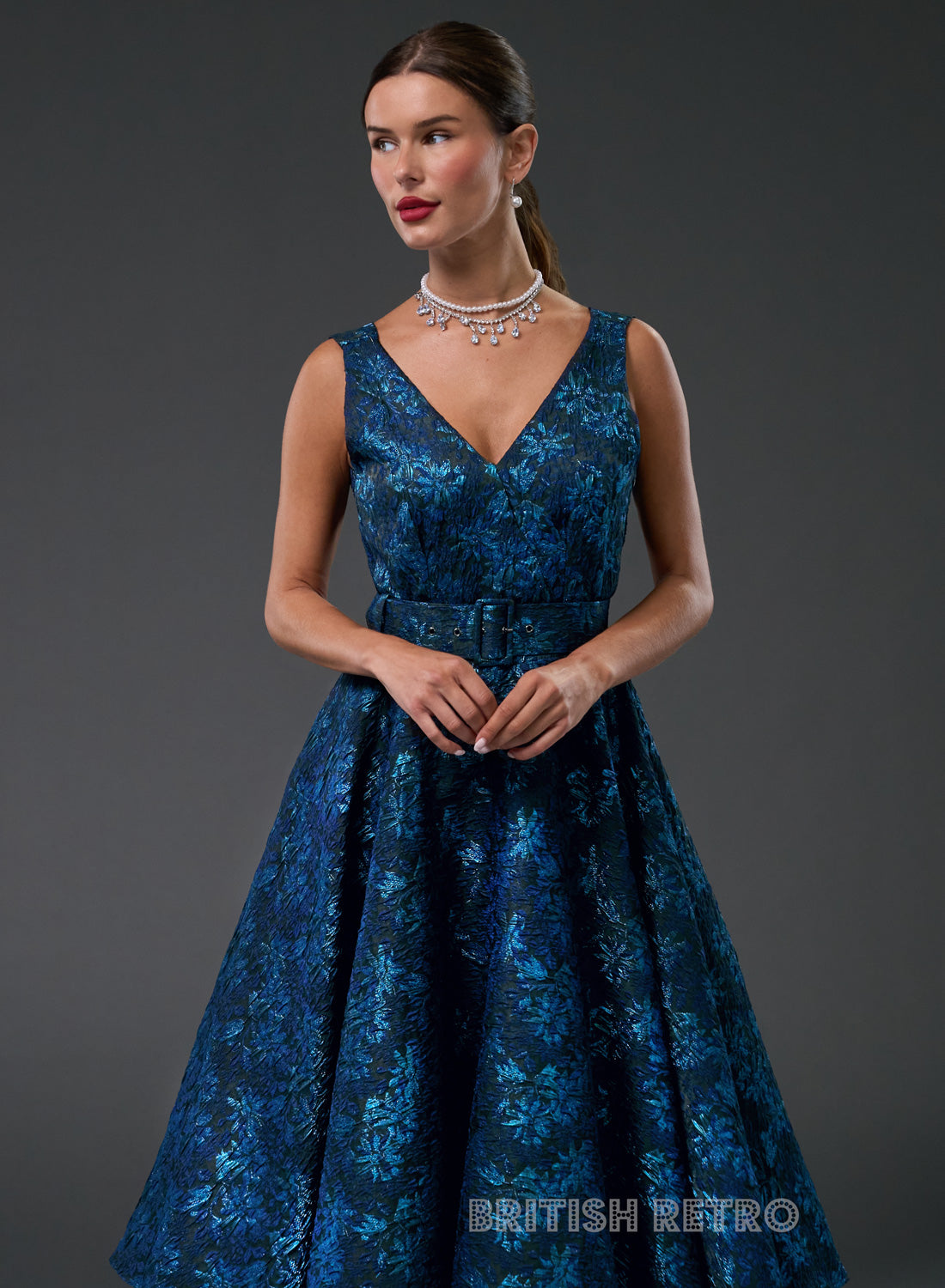 Grace Kelly Metallic Sapphire 50s Style Evening Dress