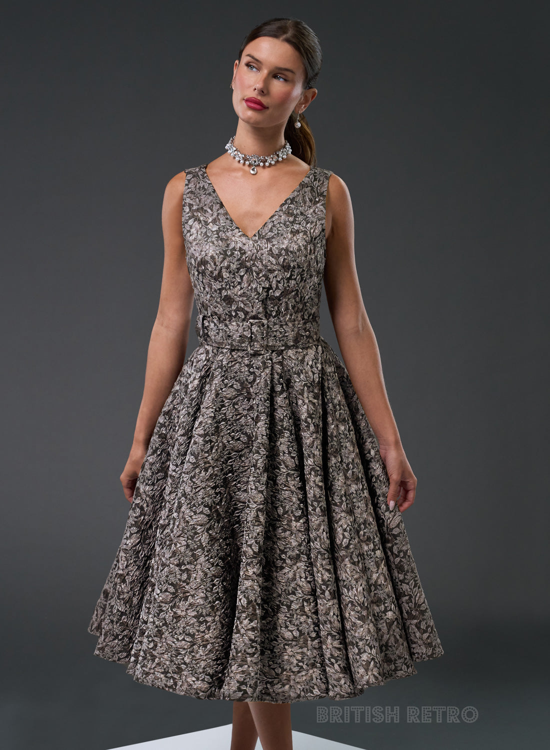 Grace Kelly Metallic Silver 50s Style Evening Dress