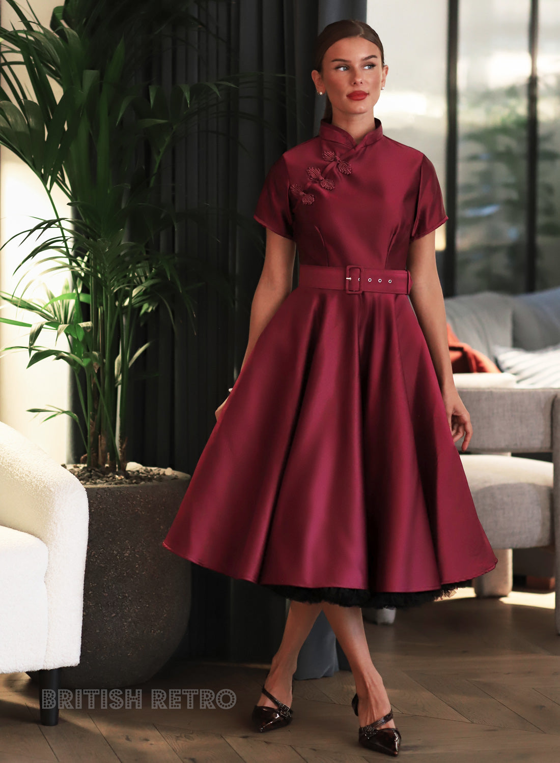 Jasmine Duchess Satin Wine 50s Style Evening Dress