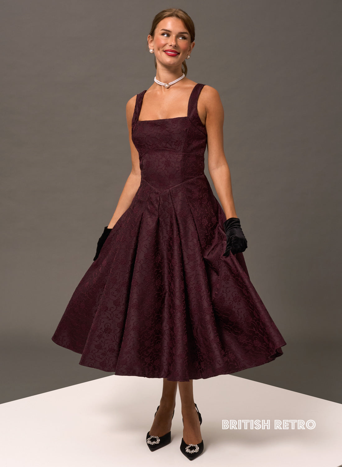 Antoinette Burgundy Vintage Midi Evening Dress