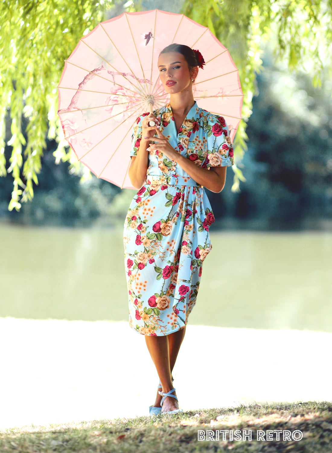 'Lolly' Silken Duck Egg Blue Rose Sarong 50s Pencil Dress