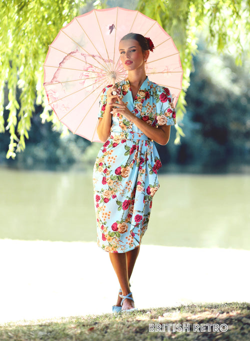 'Lolly' Silken Duck Egg Blue Rose Sarong 50s Pencil Dress
