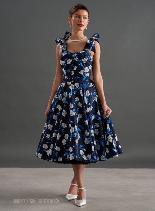 'Suzy Q' Navy Floral 50s Full Circle Dress